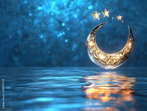 Crescent Moon and Stars Reflecting on Serene Water: A Nighttime Celestial Scene. photo