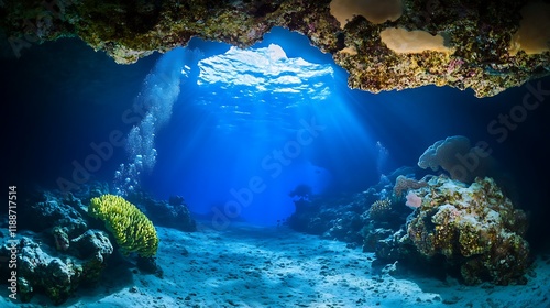 A large cave with a bright blue light shining through it photo