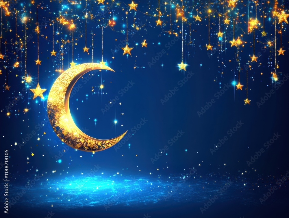 Naklejka premium Golden Crescent Moon and Sparkling Stars Night Sky Festive Background.