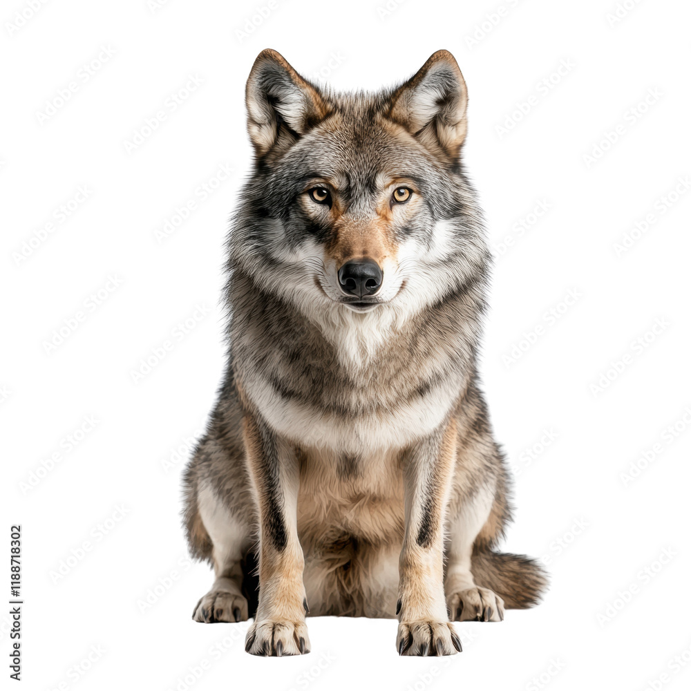 Majestic wolf sitting confidently against a black background Majestic wolf sitting confidently against a black background