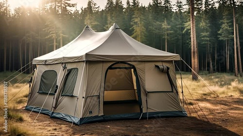 Army tent in the forest.