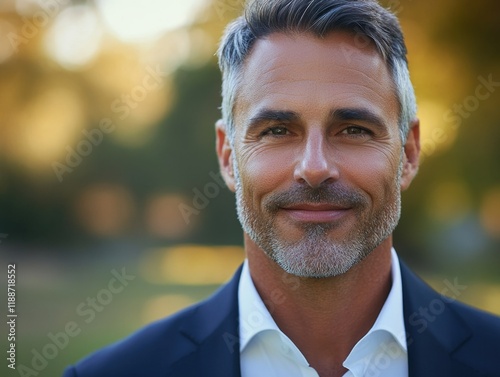 A professional and polished man with a beard and mustache smiling against a blurred background. photo