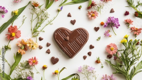 Heart-shaped chocolate box surrounded by colorful blooms, arranged on a white surface with plenty of copy space for creative use.