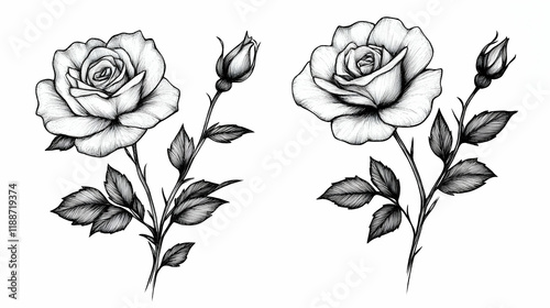 Fototapeta Naklejka Na Ścianę i Meble -  Two roses, bud, leaves, sketch, design, tattoo