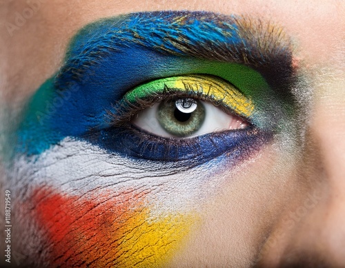 Eye of model with colorful art make-up, close-up