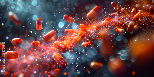 Dynamic Explosion of Red Capsules in Abstract Cloud of Particles and Light  
