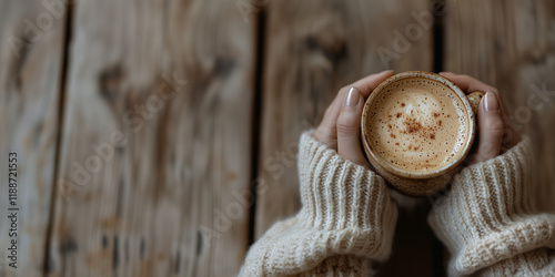 Young female woman’s hands hug a cup of warm coffee against a rustic wooden table background