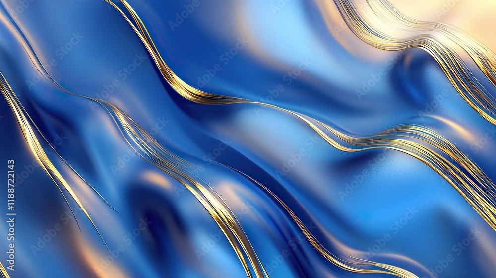 Obraz premium **A smooth and gradient minimalist abstract pattern of cascading misty blues blending seamlessly with vibrant brass-gold streaks