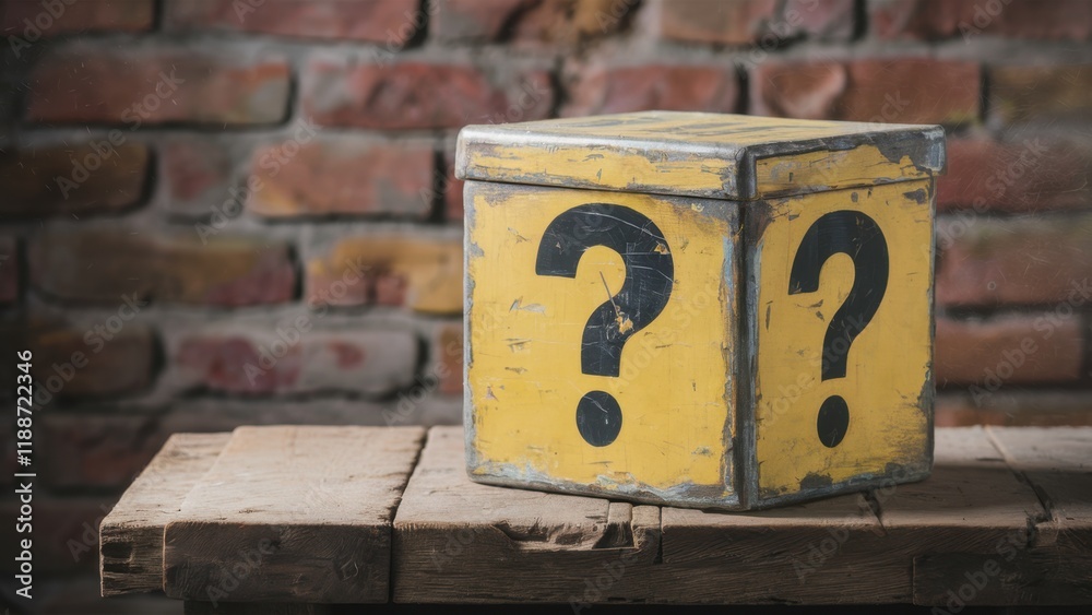 Yellow metal box, large question mark symbol, rustic wooden surface, brick wall background, mysterious container, retro game aesthetic, weathered texture, curiosity concept, industrial style, puzzle i Yellow metal box, large question mark symbol, rustic wooden surface, brick wall background, mysterious container, retro game aesthetic, weathered texture, curiosity concept, industrial style, puzzle i