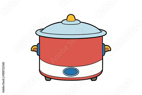 Playful red slow cooker illustration in cartoon design, ideal for creative culinary themed projects and artistic kitchen visuals