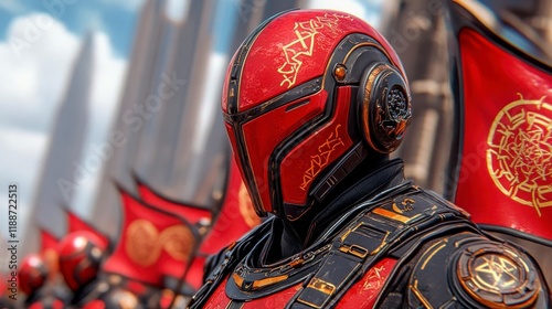 Crimson-clad warrior stands ready, futuristic armor gleaming, a symbol of power and might. photo