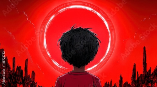 A child gazes at a vibrant red horizon, a luminous ring encircling the fiery sky. photo