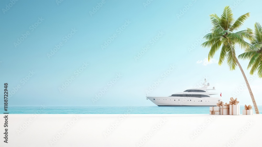 Obraz premium A white boat is docked on the beach next to a palm tree