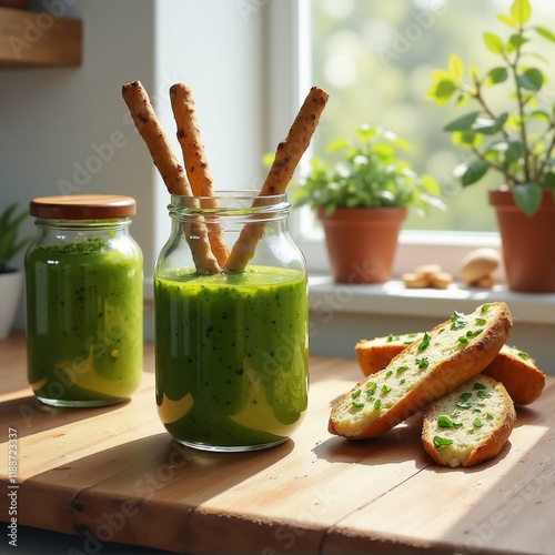 The image shows two glass jars on a wooden countertop. The jar on the left is filled with a green smoothie, while the jar in the middle has a few pretzels sticking out of it. photo