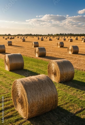 Hay bales scattered across sunny golden field under blue sky. photo