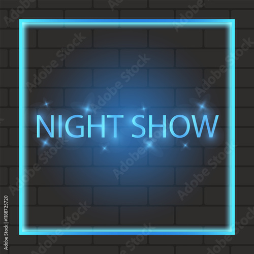 Night show bright shining sign on brick wall. Vector illustration.