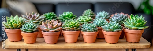 Wallpaper Mural Row of thriving potted succulent houseplants arranged on a wooden table, modern interior design. Torontodigital.ca