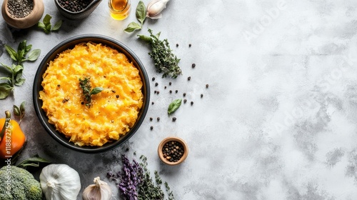 Overhead shot of golden cheese broccoli cabbage casserole, surrounded by fresh ingredients, styled on a light gray background with room for text photo