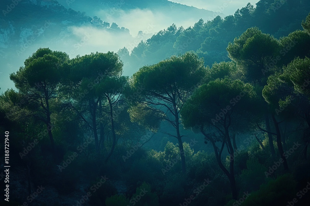 Obraz premium Misty Mountain Forest: Trees Stand Tall in Early Morning Fog, Tranquil Nature Scene, Serene Landscape Photography