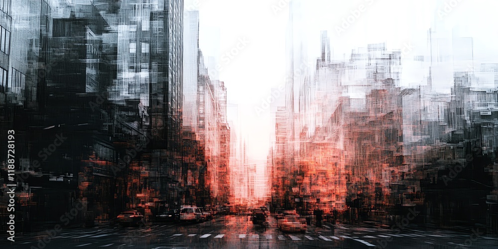 Fototapeta premium Abstract city street scene at sunset. Double exposure effect creates a surreal, dreamlike atmosphere. Ideal for urban, modern, and technology themes.
