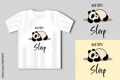 Cute panda. Simple flat icon with the inscription Need some sleep. Template with t-shirt mockup