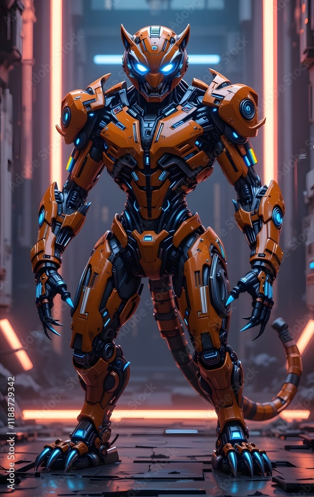 Cybernetic Panther: Futuristic Mech in Glowing Orange Cybernetic Panther: Futuristic Mech in Glowing Orange