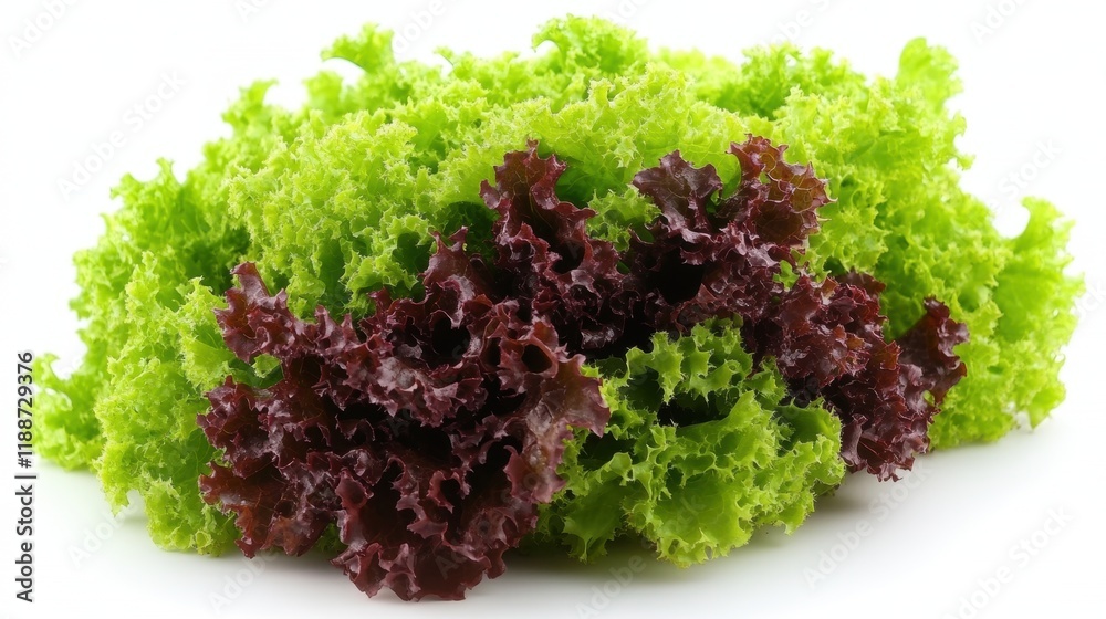 Fresh Green and Red Lettuce Leaves on a White Background