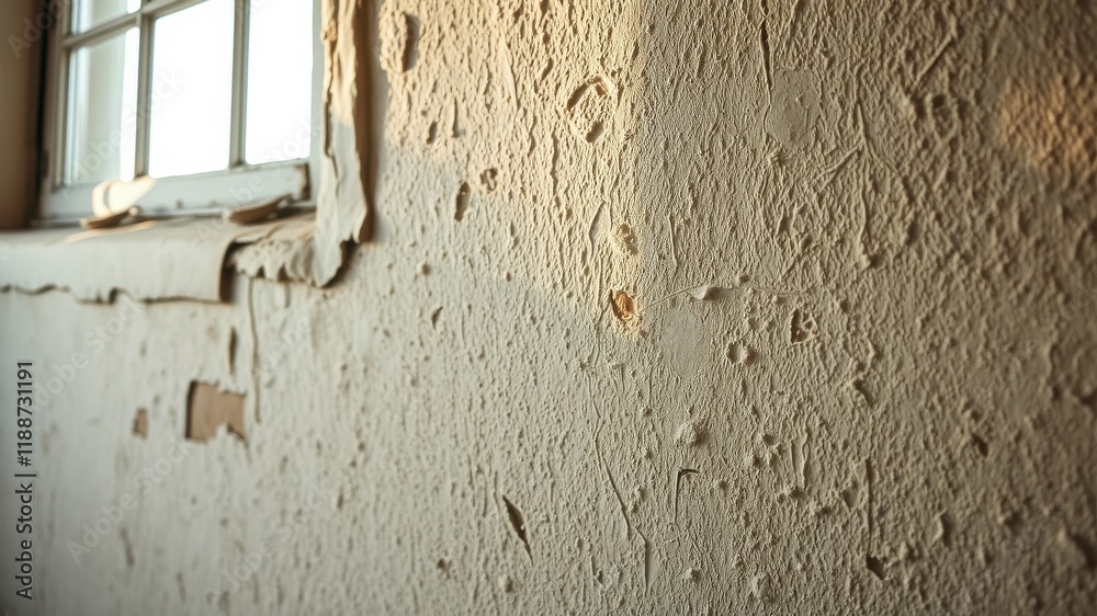 Damaged wall texture with peeling paint near window Damaged wall texture with peeling paint near window