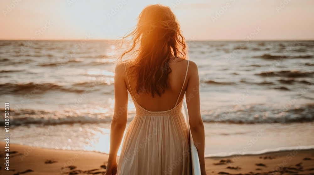 Woman in white dress at sunset ocean beach. Woman in white dress at sunset ocean beach.