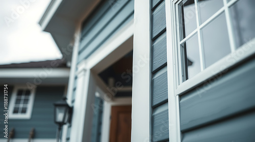 Modern House Exterior: Blue Siding, White Trim, and Architectural Details photo