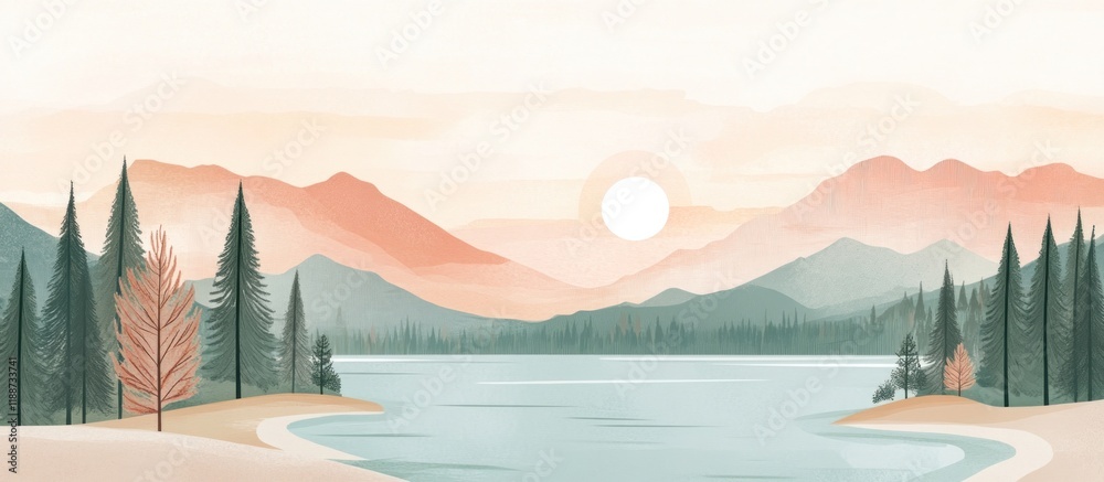 Naklejka premium Calm sunset lake, mountain landscape, tranquil scene, nature print