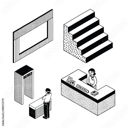 Retro isometric monoline doodle retail store shopping mall