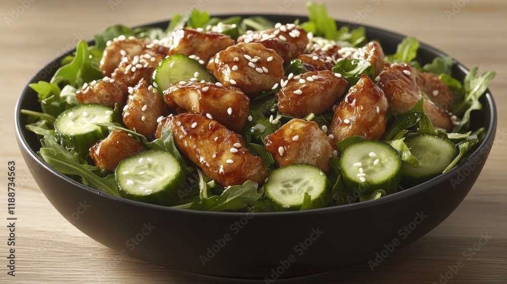 Fresh Chicken Salad with Cucumbers and Sesame Seeds in Bowl Fresh Chicken Salad with Cucumbers and Sesame Seeds in Bowl
