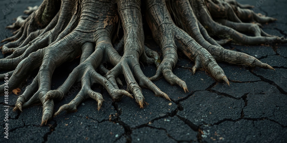 Intricate, gnarled tree roots spread across cracked earth