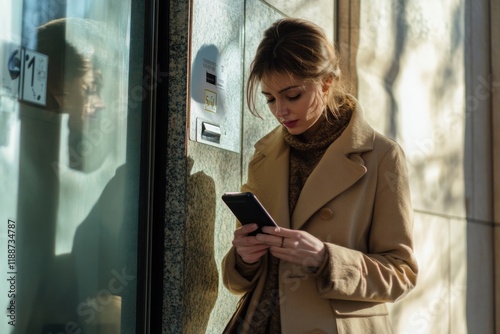 A smartly dressed businesswoman withdraws cash from a street ATM using her cell phone QR photo