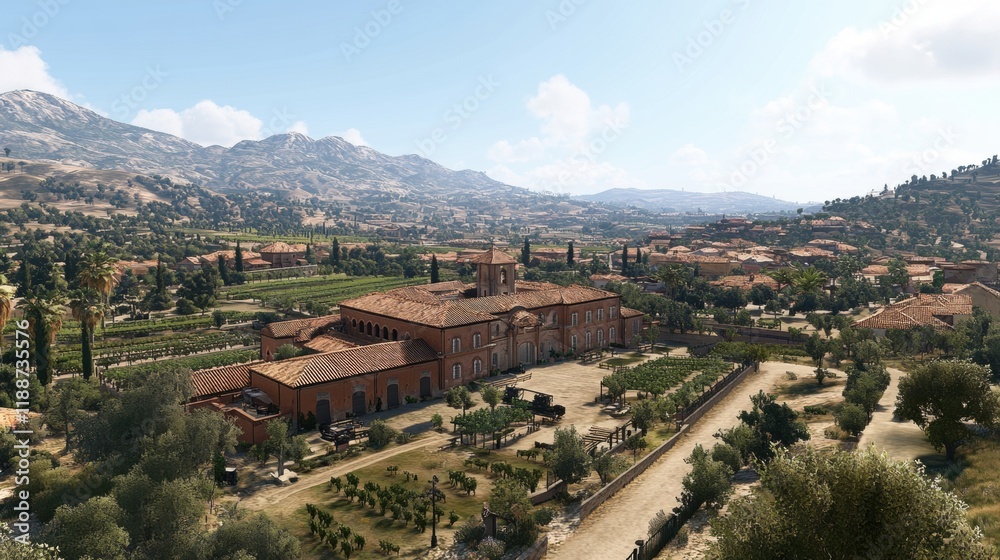 Fototapeta premium Scenic Aerial View of Vineyard Landscape with Rolling Hills and Mountains