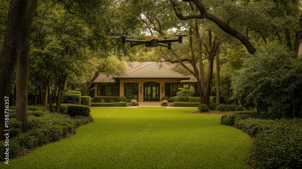 Fototapeta premium Drone Flying Over Lush Green Lawn Near Cozy Cottage Surrounded by Trees, Showcasing Modern Technology in a Serene Natural Setting
