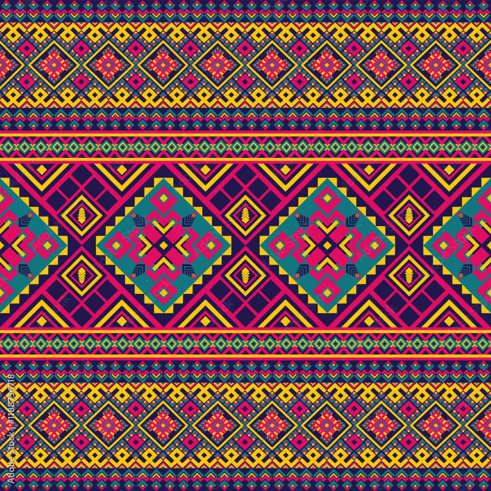 A vibrant geometric pattern featuring symmetrical diamond motifs, bold colors, and intricate ethnic-inspired designs, perfect for textiles and decorative use. A vibrant geometric pattern featuring symmetrical diamond motifs, bold colors, and intricate ethnic-inspired designs, perfect for textiles and decorative use.