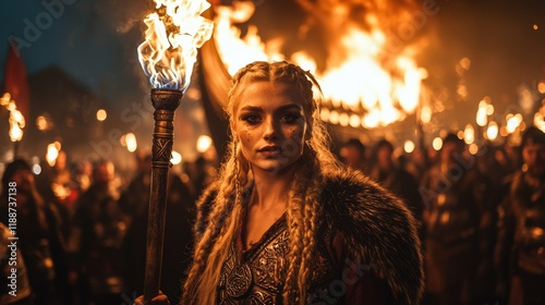 Viking woman with fierce determination holds flaming torch. Burning drakkar in backdrop. Up Helly Aa photo