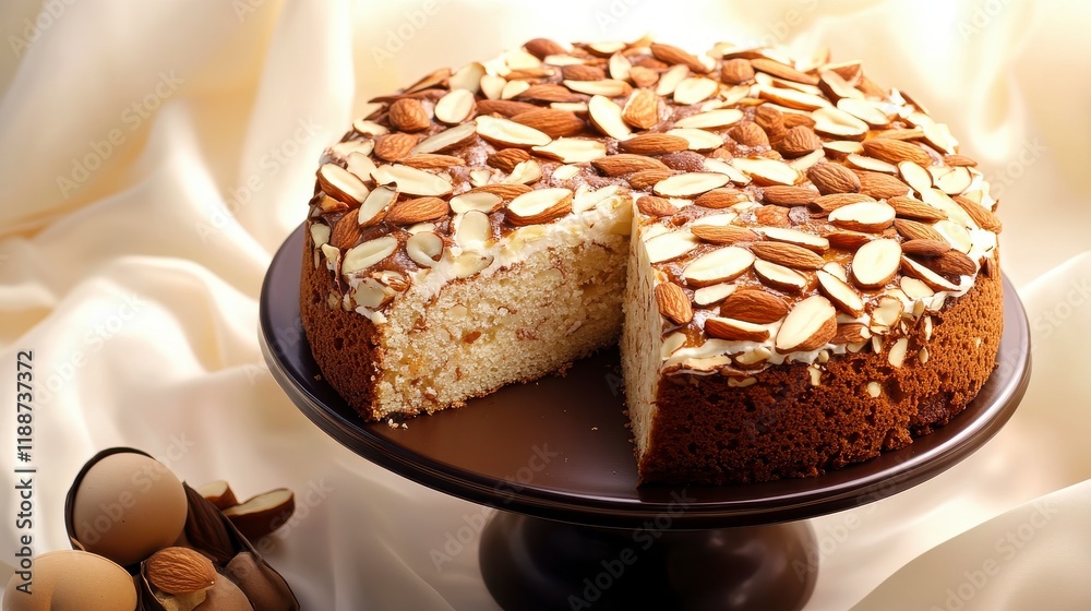 Scrumptious Almond Cake with Sliced Almonds on Display Scrumptious Almond Cake with Sliced Almonds on Display