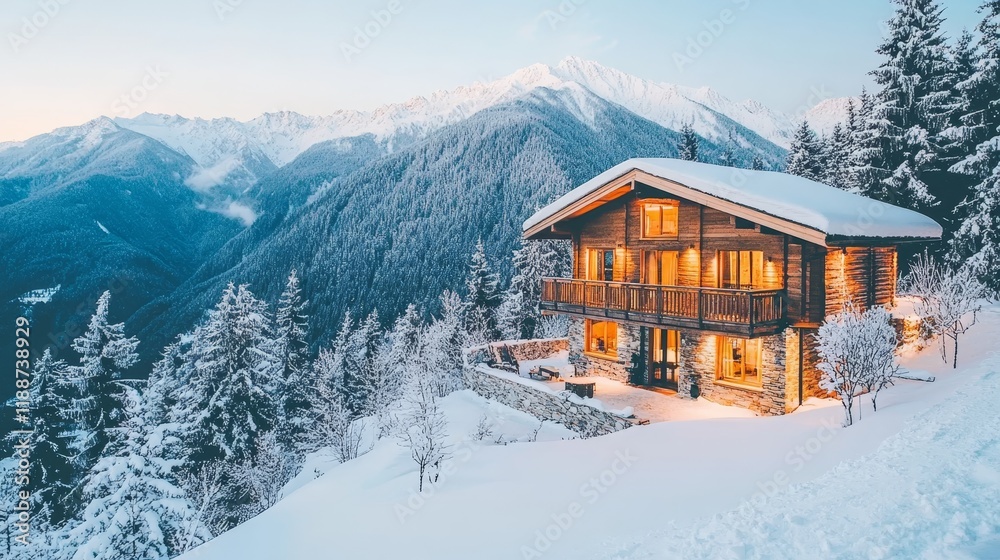Warm Wooden Chalet Nestled in Snow-Covered Mountains, Tranquil Winter Wonderland Scene Warm Wooden Chalet Nestled in Snow-Covered Mountains, Tranquil Winter Wonderland Scene