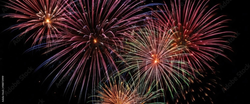 Fototapeta premium Vibrant fireworks in colorful display against night sky.