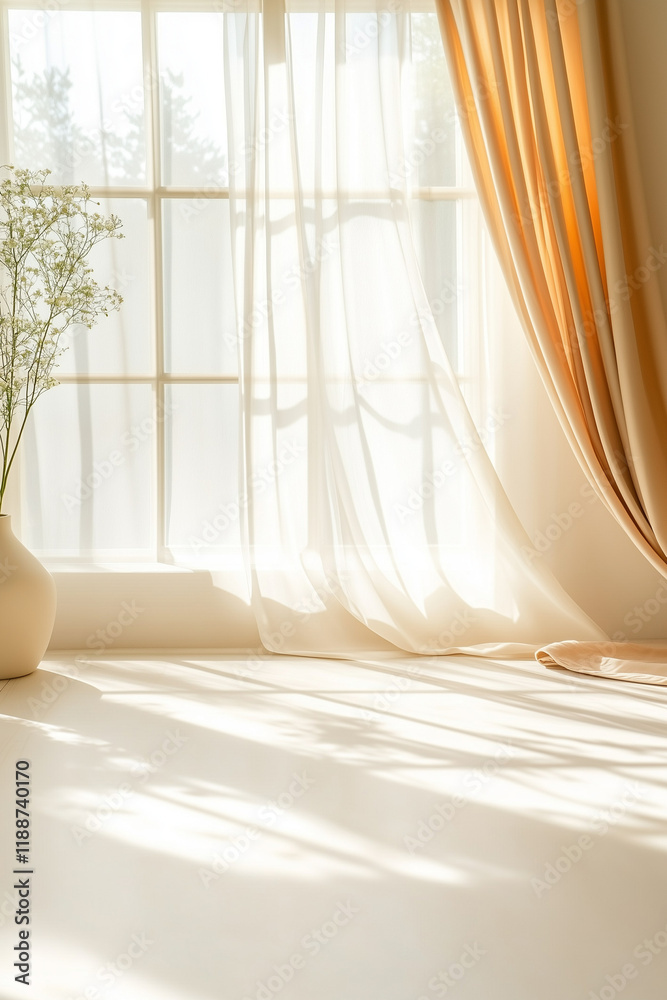 Interior of a bright sunny empty room. Window with curtains and plant. 