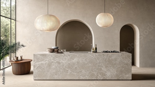 A contemporary kitchen with a marble counter and stylish pendant lighting.