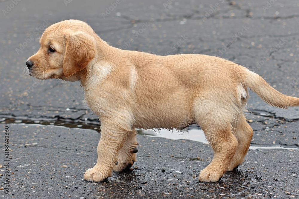 A small puppy is standing on a wet road A small puppy is standing on a wet road