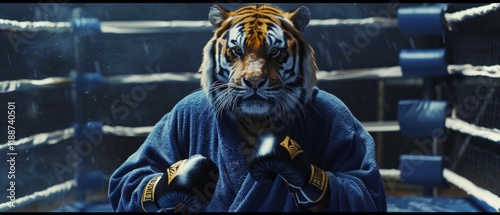 Tiger in boxing outfit standing in the ring in the rain. Suitable for creative projects, advertising of sporting events and unusual illustrations. photo