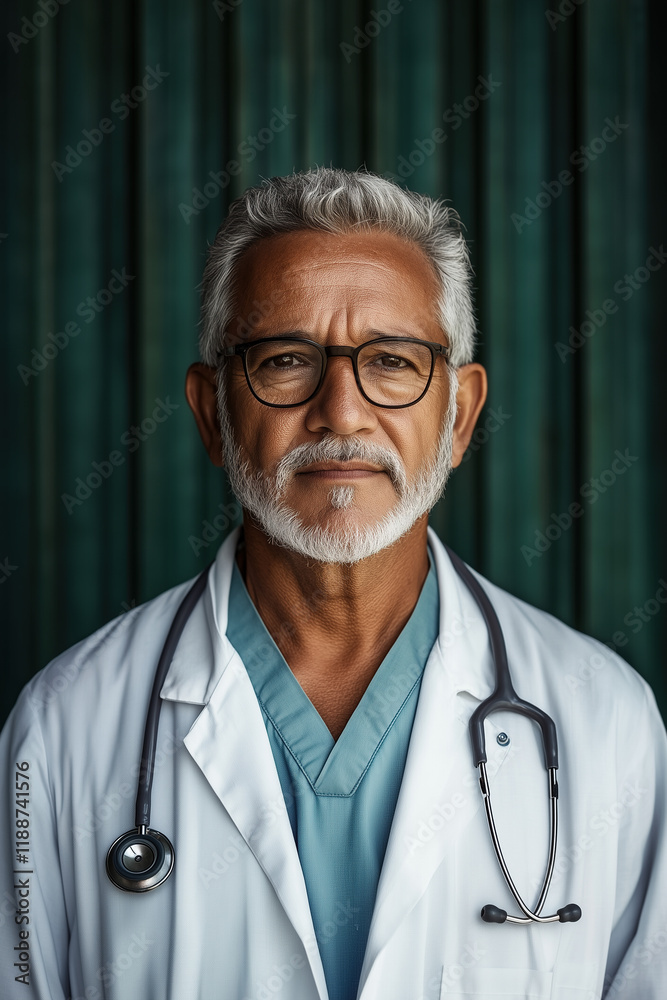 Senior Hispanic male physician in medical uniform, exuding knowledge and experience.