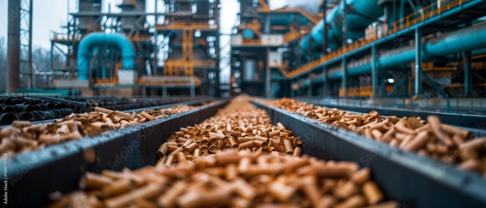 Production line with wood pellets. Suitable for publications on wood processing, biofuel production and environmentally friendly technologies. Production line with wood pellets. Suitable for publications on wood processing, biofuel production and environmentally friendly technologies.