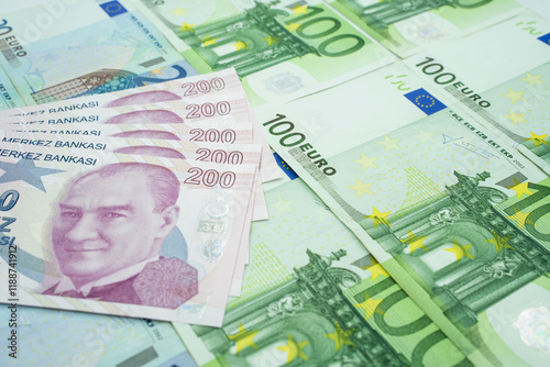 euro currency euro and turkish lira in a row.