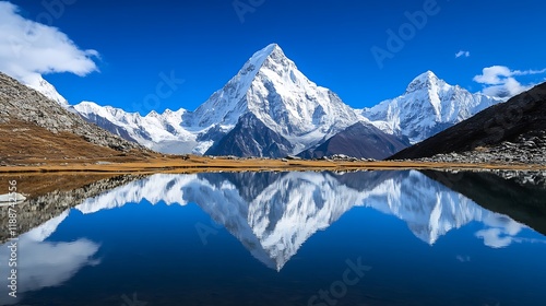 A mountain range with a lake in the foreground